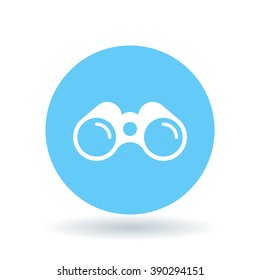 White binocular icon on blue circle background. Vector illustration.