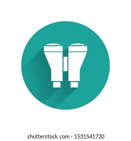 White Binoculars icon isolated with long shadow. Find software sign. Spy equipment symbol. Green circle button. Vector Illustration