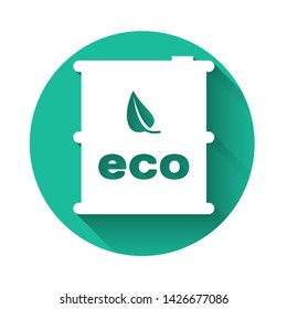 White Bio fuel barrel icon isolated with long shadow. Eco bio and canister. Green environment and recycle. Green circle button. Vector Illustration