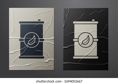 White Bio fuel barrel icon isolated on crumpled paper background. Eco bio and canister. Green environment and recycle. Paper art style. Vector Illustration