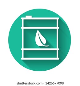 White Bio fuel barrel line icon isolated with long shadow. Eco bio and canister. Green environment and recycle. Green circle button. Vector Illustration