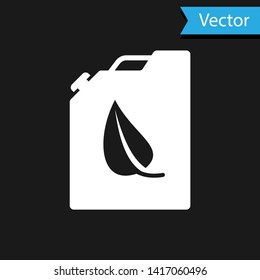 White Bio fuel canister icon isolated on black background. Eco bio and barrel. Green environment and recycle. Vector Illustration