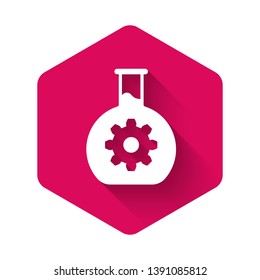 White Bioengineering icon isolated with long shadow. Element of genetics and bioengineering icon. Biology, molecule, chemical icon. Pink hexagon button. Vector Illustration