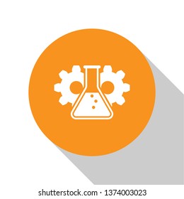 White Bioengineering icon isolated on white background. Element of genetics and bioengineering icon. Biology, molecule, chemical icon. Orange circle button. Flat design. Vector Illustration