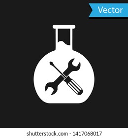 White Bioengineering with screwdriver and wrench icon isolated on black background. Adjusting, service, setting, maintenance, repair, fixing.  Vector Illustration