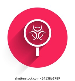 White Biohazard and magnifying glass icon isolated with long shadow. Red circle button. Vector