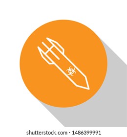 White Biohazard rocket icon isolated on white background. Rocket bomb flies down. Orange circle button. Vector Illustration