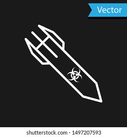 White Biohazard rocket icon isolated on black background. Rocket bomb flies down.  Vector Illustration