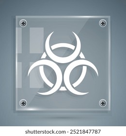 Weißes Biohazard-Symbol einzeln auf grauem Hintergrund. Quadratische Glasplatten. Vektorgrafik