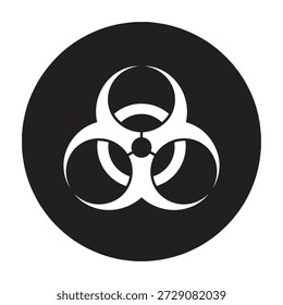 Icono de símbolo de riesgo biológico blanco con bordes afilados y un círculo central aislado en un fondo circular oscuro contrastante