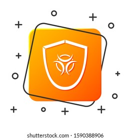 White Biohazard symbol on shield icon isolated on white background. Orange square button. Vector Illustration