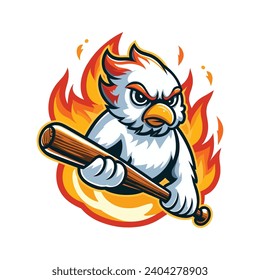WHITE BIRD BASEBALL MASCOT LOGO VECTOR IN WHITE, DEEP BLUE. RED, ORANGE, YELLOW AND BROWN WITH WHITE BACKGROUND