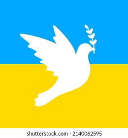 White bird with brunch of peace. Dove of peace on Ukrainian flag. Vector isolated.