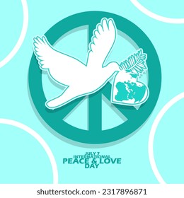 White bird carrying twig and earth in heart shape on peace symbol on light blue background to commemorate International Peace and Love Day on July 7