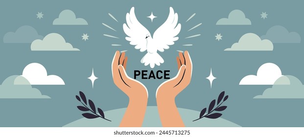 White bird Dove is a symbol of peace in the word. Horizontal banner concept, flat vector design	
