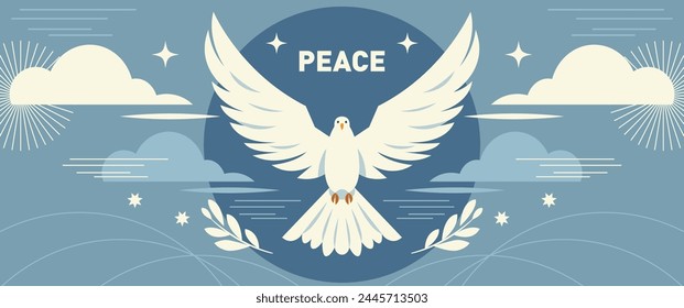 White bird Dove is a symbol of peace in the word. Horizontal banner concept, flat vector design	
