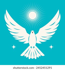 White bird Dove is a symbol of peace in the word. Blue background. Flat vector design, logo, emblem	
