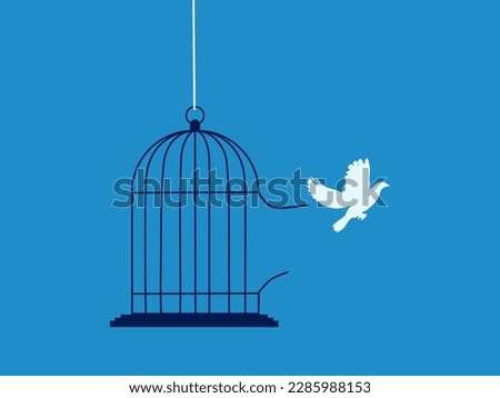 white bird escaped from the cage. Concept of freedom and getting out of comfort zone. vector 