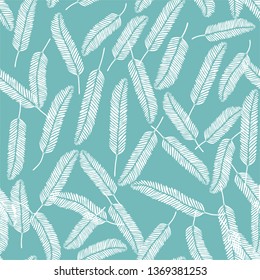 White, bird feathers texture on mint background, vector seamless pattern