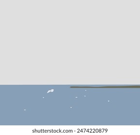 White bird flying over water in beautiful summer morning. Natural scenery landscape. Minimal wildlife concept.