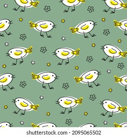 White bird, funny stylized character surrounded by flowers on a green background. Flat vector pattern.