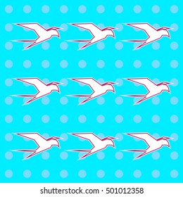 White bird geometric figure pattern on the light blue background with light pink circles