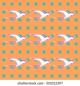 White bird geometric figure pattern on the orange background with green circles