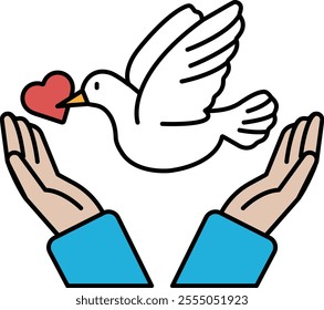 A white bird with a heart in its beak is being held by two hands. Concept of love and protection, as the bird is being held close to the viewer