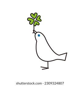 A white bird holding a four-leaf clover in its mouth.
