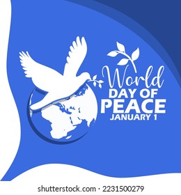 White bird icons carrying a leafy branch on earth with bold text and wavy frames on blue background to commemorate World Day of Peace on January 1