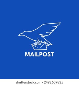 logotipo de águila blanca en vuelo, agarrando un sobre, colocado sobre un fondo azul vibrante, que simboliza una entrega rápida y fiable. Perfecto para una empresa de mensajería o correo de tecnología de reenvío