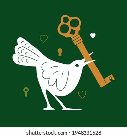 Un pájaro blanco con una llave vieja en su pico. Ilustración vectorial moderna de línea y plano aislada en fondo verde. Nueva metáfora doméstica.