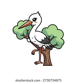 White bird with orange beak standing on a tree branch with green leaves cartoon