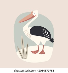 white bird pelican with background, vector illustration in cartoon style for posters and cards