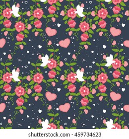 White bird and red flowers on deep background