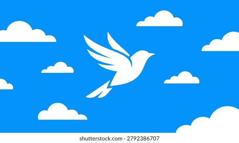White bird soaring among clouds on a bright blue sky