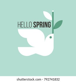 White bird with spring twig on light green background