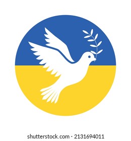 White bird of the world on the background of a circle in the colors of the flag of Ukraine. Peace concept. Dove with a twig in its beak. Vector illustration isolated on white background.