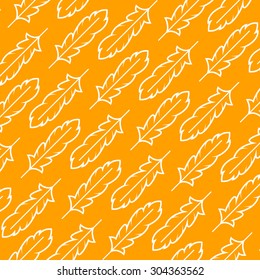 White birds feathers on a yellow background. Seamless pattern, vector illustration.