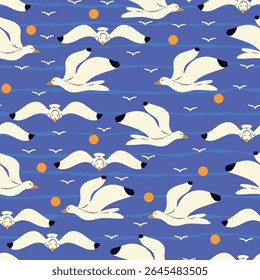 White Birds in Flight Over Blue Sky. Seamless pattern with creative seagulls and sunset perfect for cards, patterns, print, web