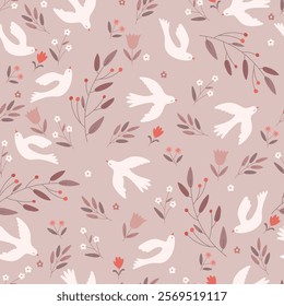 White birds and flowers, hand drawn illustration, seamless pattern.