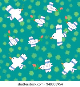 white birds and flowers. Seamless vector pattern textile or wrapping paper. cute hand-drawing