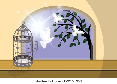 white birds fly out the window from an open cage