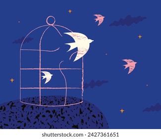 White birds flying out of a broken cage against a dark sky. A symbol of liberation, emigration, escape from abuse, psychological healing.