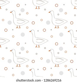 white birds goose, duck, swan with orange beacks and long necks in flat hand-drawn style, seamless vector pattern background
