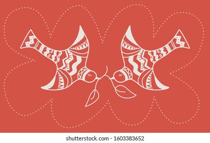 White birds holding two leaves on reddish background, Line art, vector illustration. 