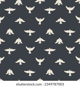 White birds on a black background form a seamless pattern for modern textiles, decorative wrapping paper. Vector.