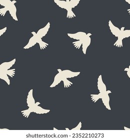 White birds on a black background form a seamless pattern for modern textiles, decorative wrapping paper. Vector.