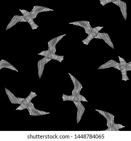 White birds seamless pattern on black background. The image of flying seagulls in the form of a sketch.
