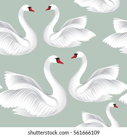 White birds  seamless pattern. Wildlife background. Swimming swans tile ornament